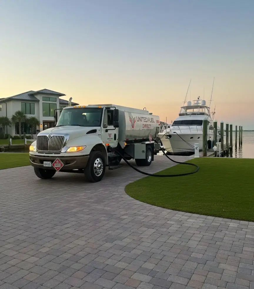 United Fuel Direct truck backed up to dock fueling boat dockside marine fuel delivery service Gulf Coast ethanol-free gas