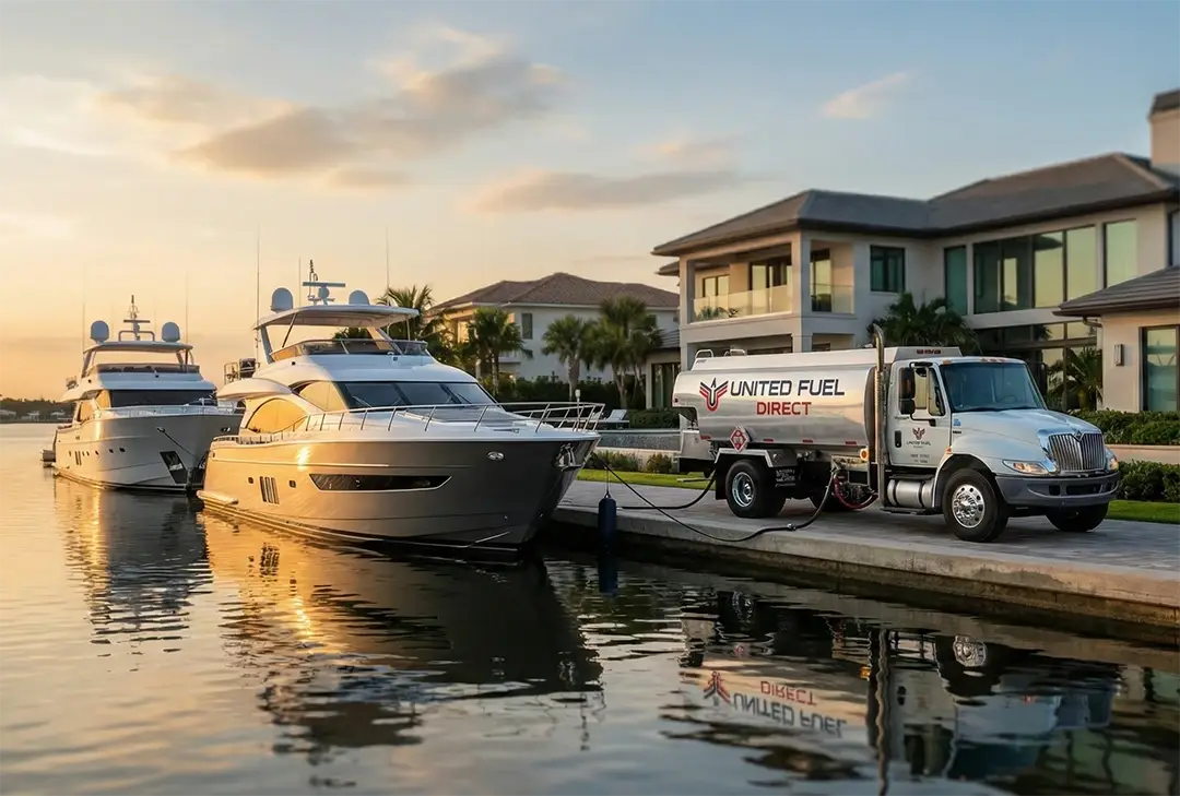 Luxury yachts docked behind waterfront mansions Gulf Coast private dock marine fuel delivery service area United Fuel Direct